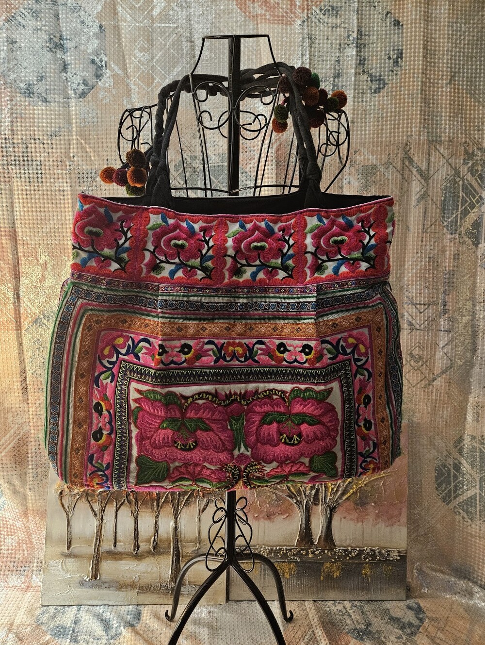 Bohemian Embroidered Floral Tote Bag - Pink
